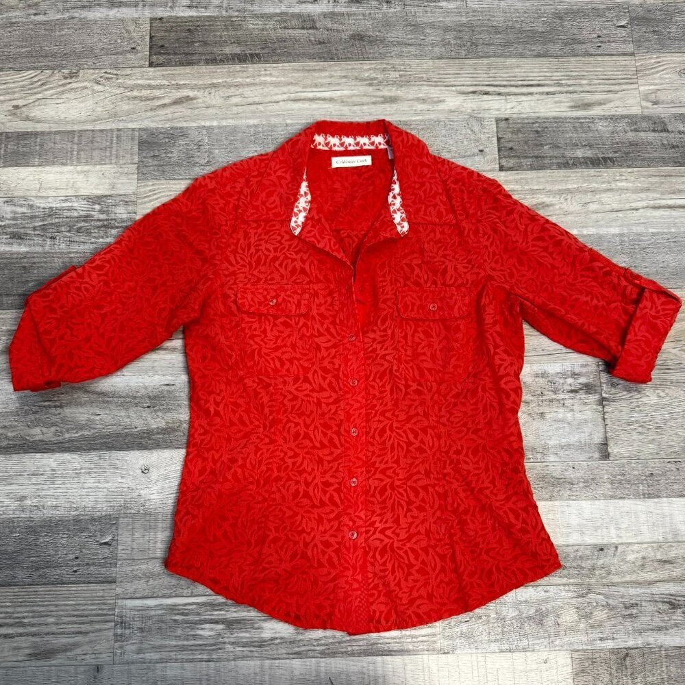 Coldwater Creek Dark Coral Botanical Print 3/4 Sleeve Button Down Top Q3